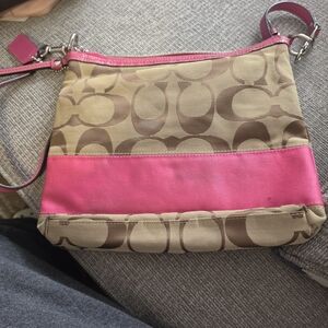 Coach Tan Signature Canvas Crossbody with Pink Trim